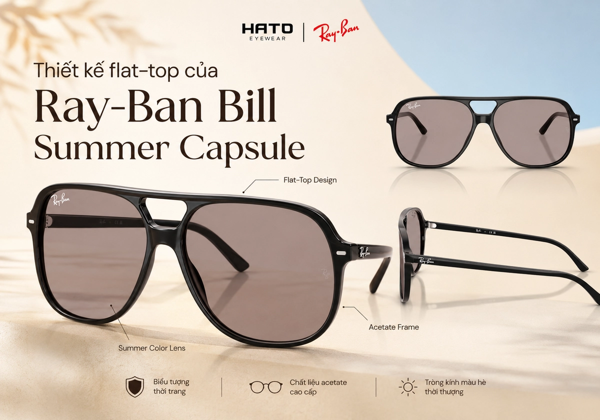 Thiết kế flat-top của Ray-Ban Bill Summer Capsule với gọng acetate đen bóng, tròng kính màu hè và logo Hato Eyewear Ray-Ban