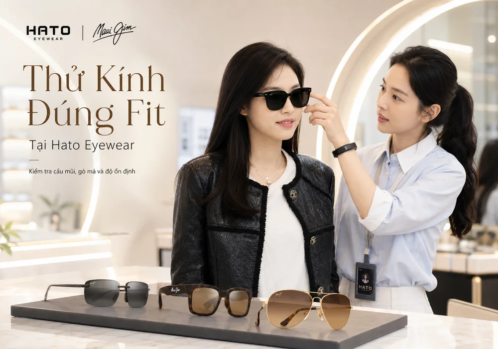 Khách hàng thử kính Maui Jim Asian Fit tại Hato Eyewear và được tư vấn kiểm tra cầu mũi, gò má cùng độ ổn định của gọng kính.