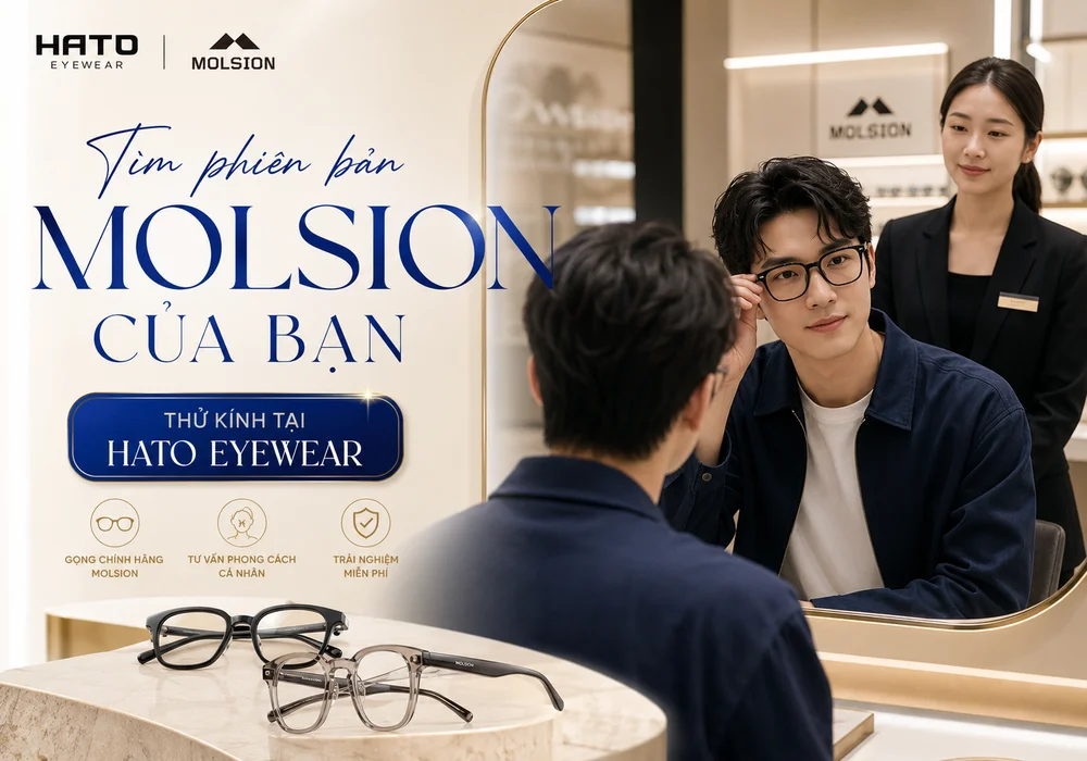 Khách hàng thử gọng kính Molsion tại showroom Hato Eyewear với sự tư vấn phong cách chuyên nghiệp.