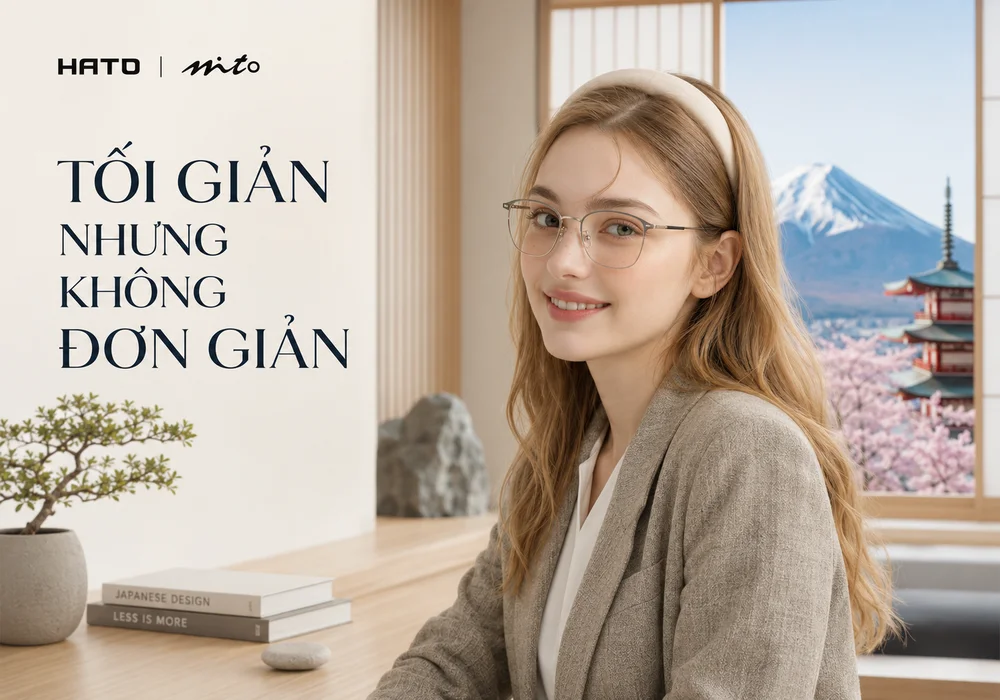 Hình ảnh minh họa tinh thần tối giản trong thiết kế gọng kính MITO Nhật Bản, nổi bật với kiểu dáng thanh mảnh, tinh tế, nhẹ nhàng và dễ sử dụng lâu dài.