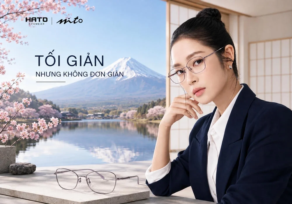 Phong cách tối giản của MITO cùng người mẫu nữ châu Á đeo gọng kính MITO titanium thanh mảnh trong không gian Nhật Bản tối giản, nổi bật với núi Phú Sĩ và hoa anh đào.