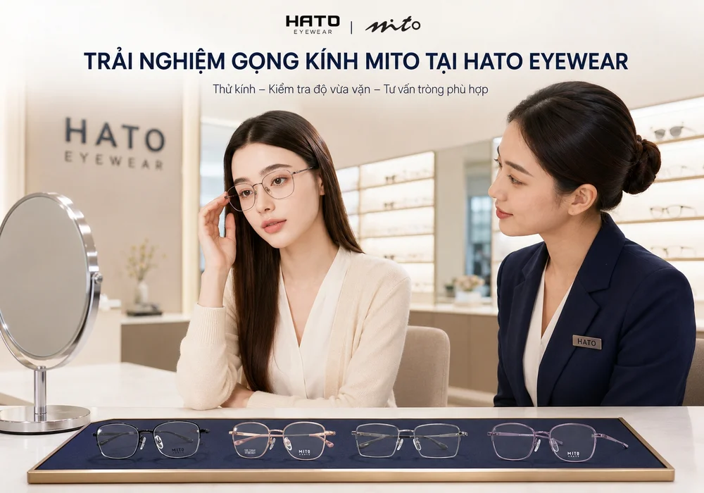 Không gian trải nghiệm gọng kính MITO tại Hato Eyewear với khách hàng thử kính trước gương, chuyên viên tư vấn độ vừa vặn và các mẫu kính MITO được trưng bày ngay ngắn trên bàn.