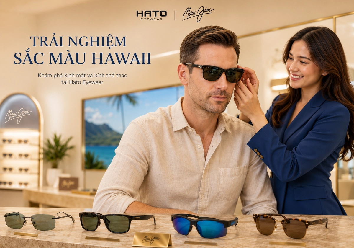 Hình ảnh khách hàng trải nghiệm kính Maui Jim tại Hato Eyewear, được chuyên viên tư vấn lựa chọn và điều chỉnh kính phù hợp với khuôn mặt, phong cách và nhu cầu sử dụng.