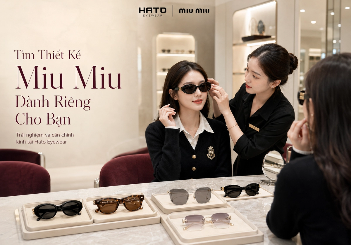 Trải nghiệm thử và cân chỉnh kính Miu Miu tại showroom Hato Eyewear cao cấp.