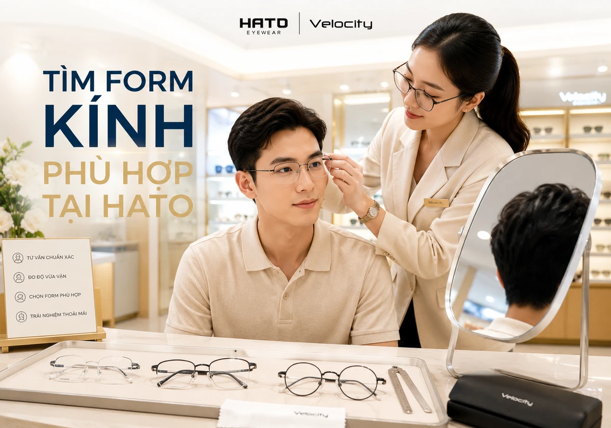 Khách hàng thử gọng kính Velocity và được chuyên viên Hato Eyewear kiểm tra độ vừa vặn trong không gian showroom hiện đại, chuyên nghiệp.