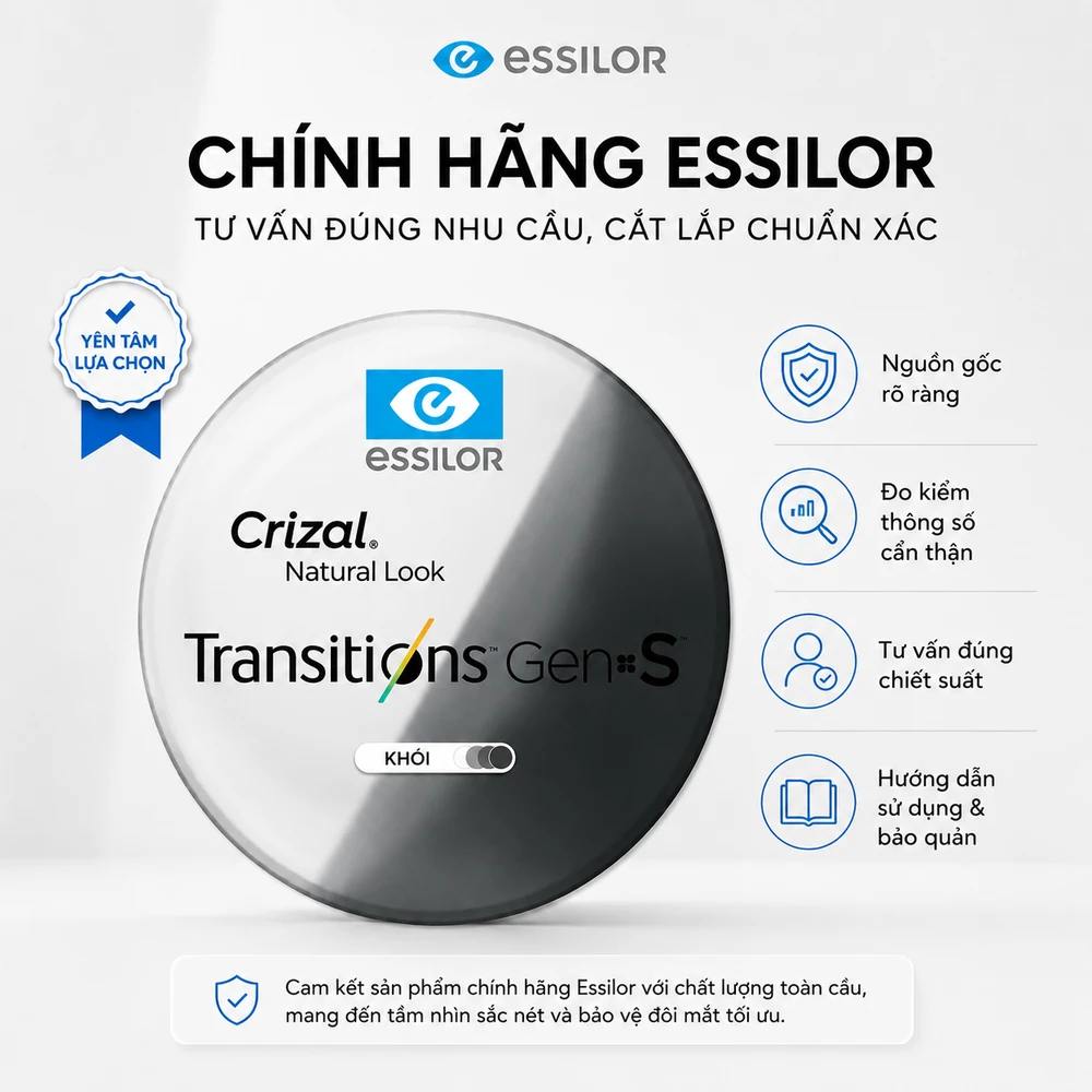 Tròng Kính Đổi Màu Khói Essilor Transitions Gen S Crizal Natural Look Chính Hãng
