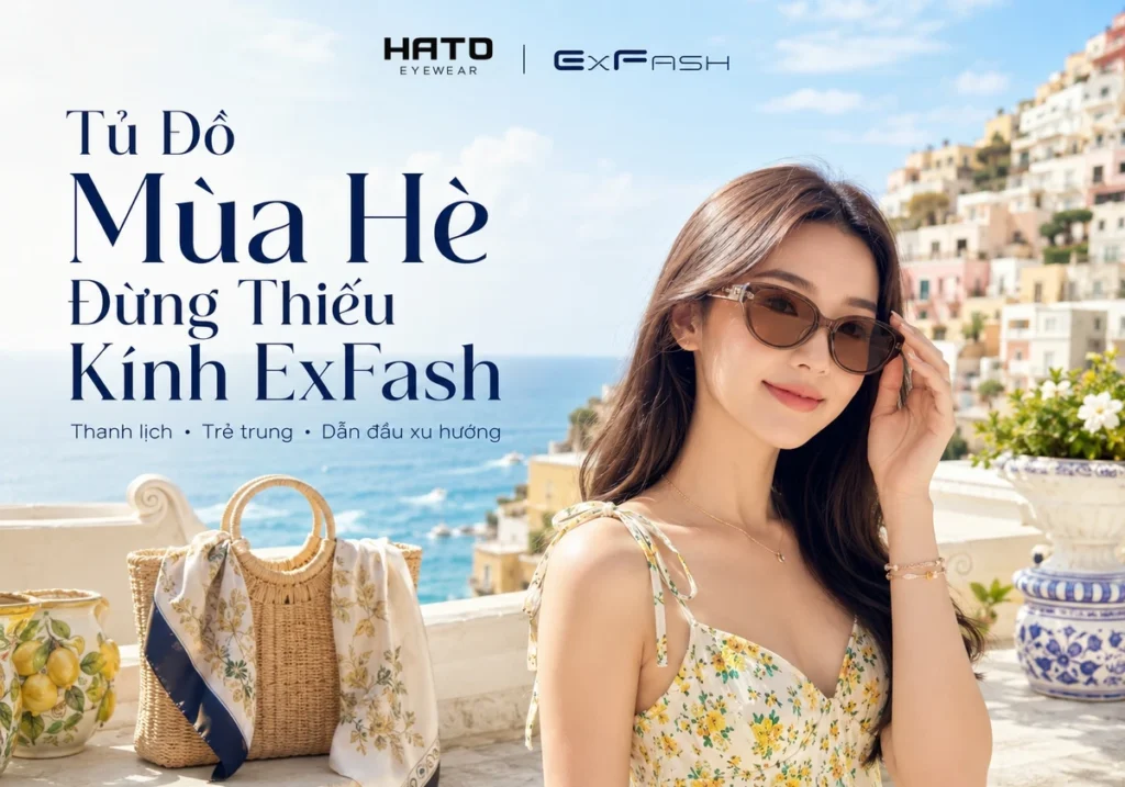 Ảnh đại diện blog thời trang kính mắt giới thiệu kính mát ExFash cho mùa hè tại Hato Eyewear. Hình ảnh nổi bật với người mẫu nữ trẻ đeo kính mát ExFash trong không gian biển mùa hè sáng sạch, phối cùng váy hoa nhẹ nhàng và phụ kiện lifestyle như túi cói, khăn lụa, tạo cảm giác thanh lịch, hiện đại và cao cấp.
