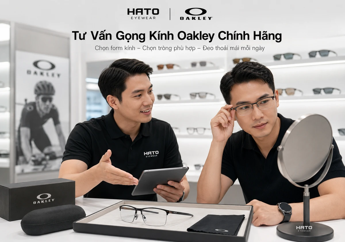 Ảnh lifestyle showroom Hato Eyewear tư vấn gọng kính Oakley Tie Bar 0.5 OX5140 chính hãng, nổi bật với thiết kế nửa khung thể thao, dáng chữ nhật gọn nhẹ, tròng trong suốt và phong cách hiện đại.