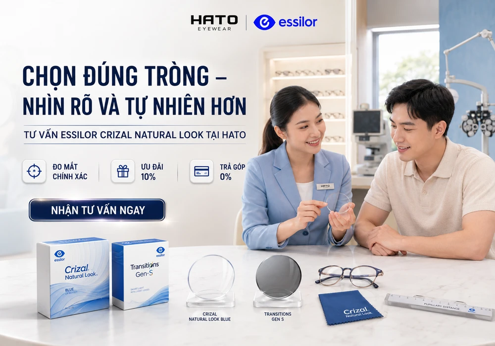 Tư vấn tròng kính Essilor Crizal Natural Look tại Hato với hai giải pháp tròng trong suốt Natural Look Blue và tròng đổi màu khói Transitions Gen S.