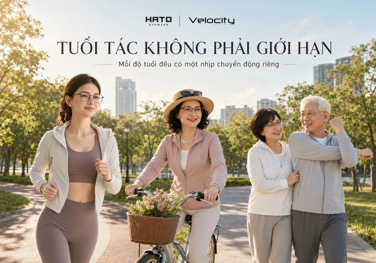 Người trẻ, phụ nữ trung niên và cặp đôi lớn tuổi đeo kính Velocity, cùng vận động trong công viên vào buổi sáng.