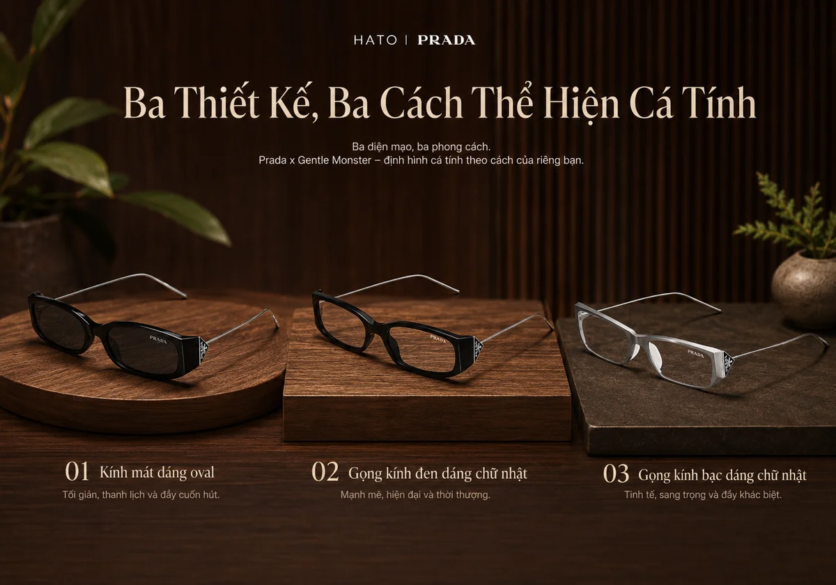 Ba thiết kế kính Prada x Gentle Monster gồm kính mát oval, gọng đen chữ nhật và gọng bạc chữ nhật, thể hiện ba phong cách cá tính khác nhau.