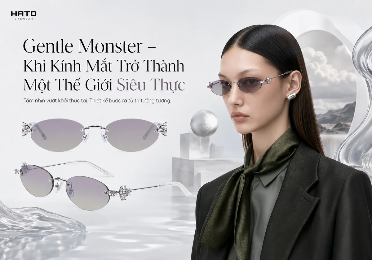 Ảnh minh họa Gentle Monster với người mẫu đeo kính oval không gọng, thiết kế điêu khắc trên nền không gian siêu thực của Hato Eyewear.