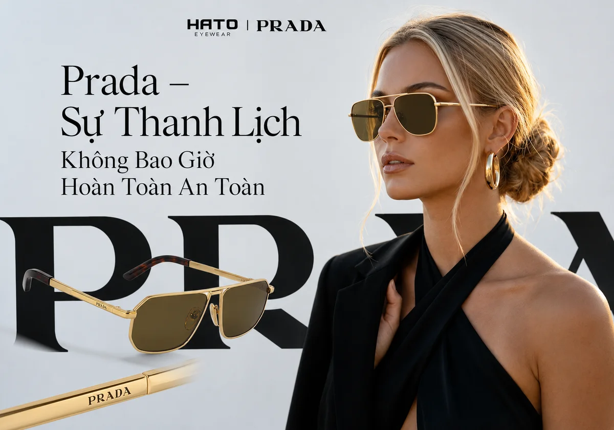Người mẫu nữ đeo kính mát Prada gọng kim loại vàng, kết hợp hình ảnh sản phẩm trong thiết kế thời trang cao cấp của Hato Eyewear.