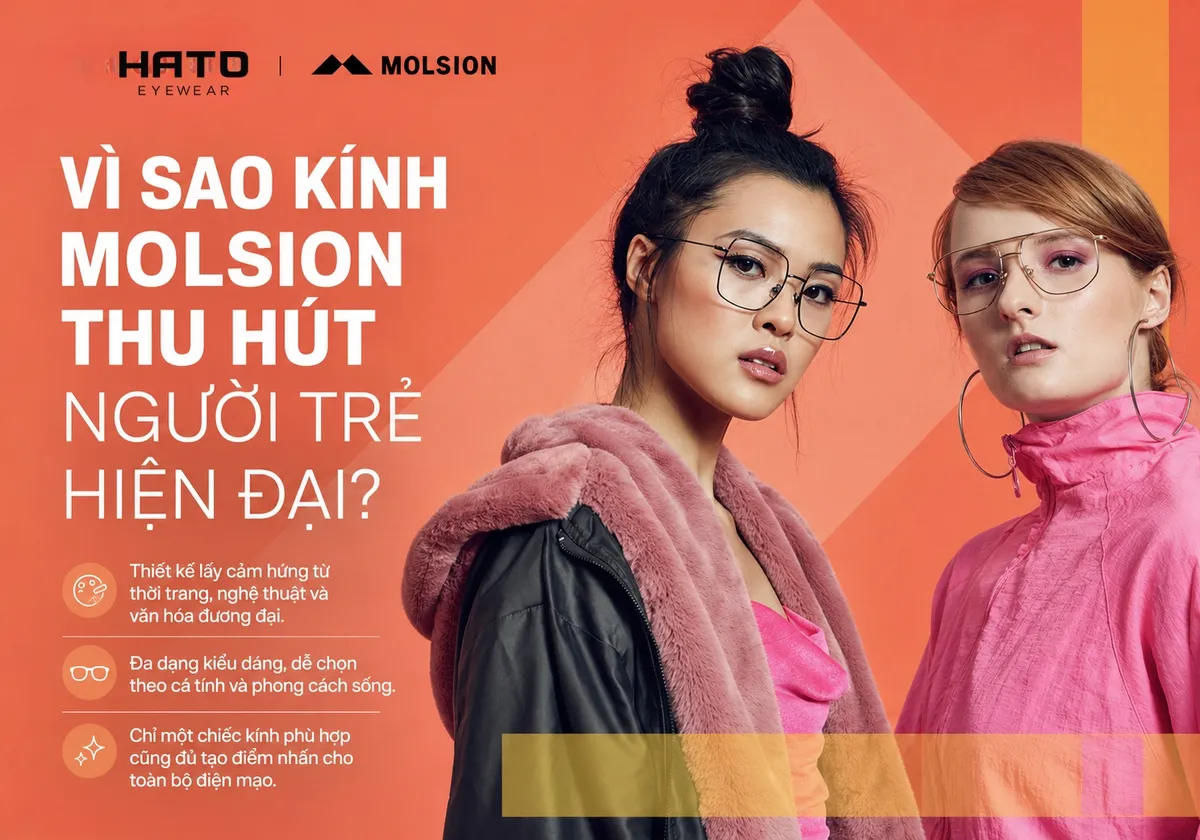 Hai người mẫu trẻ đeo kính Molsion trong phong cách thời trang hiện đại, thể hiện thiết kế đa dạng và cá tính.
