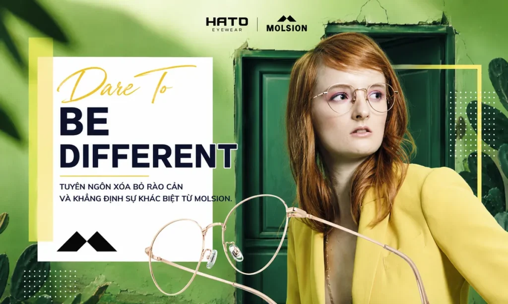 Dare To Be Different Molsion với người mẫu đeo kính thời trang, thể hiện tuyên ngôn xóa bỏ rào cản và khẳng định phong cách khác biệt.