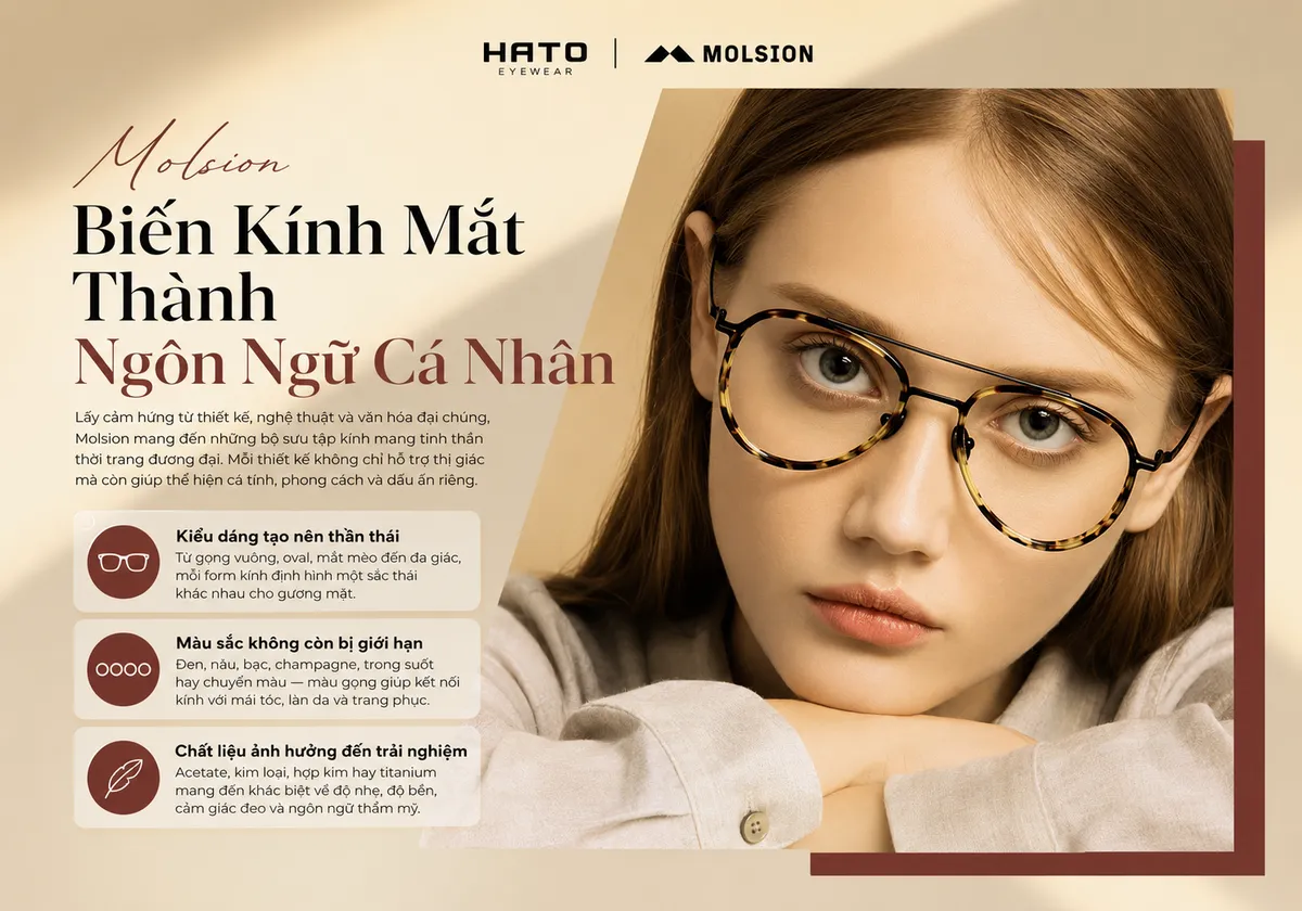 Người mẫu nữ đeo kính Molsion thời trang, minh họa kiểu dáng, màu sắc và chất liệu giúp thể hiện phong cách cá nhân.