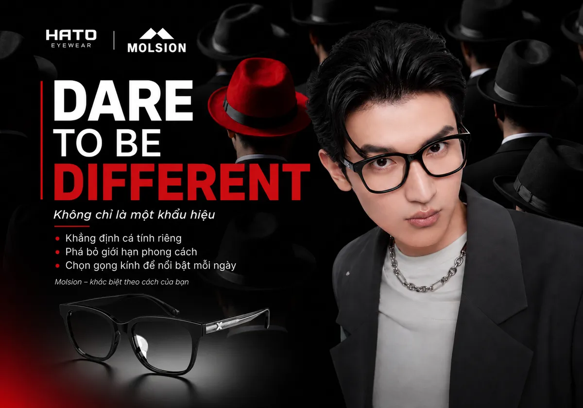 Người mẫu nam đeo kính Molsion trong thiết kế Dare To Be Different của Hato Eyewear, thể hiện cá tính và phong cách khác biệt.