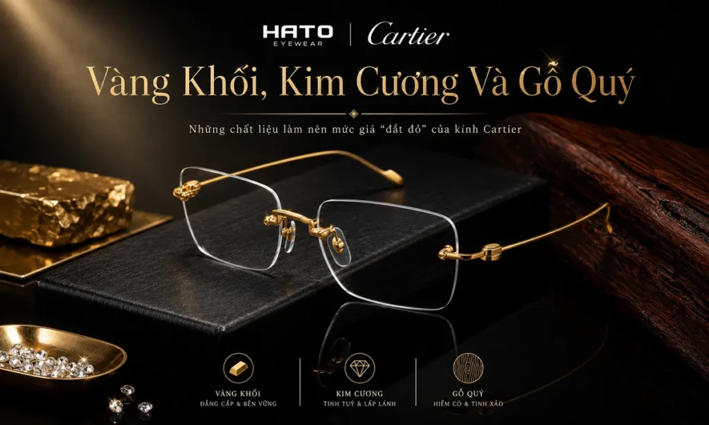 Ảnh đại diện blog về kính Cartier cao cấp, nhấn mạnh ba chất liệu nổi bật gồm vàng khối, kim cương và gỗ quý. Hình ảnh sử dụng bố cục sang trọng với mẫu kính Cartier gọng vàng đặt trên nền tối, kết hợp chi tiết vật liệu quý để thể hiện đẳng cấp, độ hoàn thiện và giá trị xa xỉ của sản phẩm.