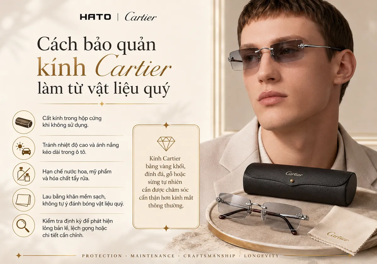 Ảnh minh họa hướng dẫn bảo quản kính Cartier làm từ vật liệu quý, với các lưu ý như cất trong hộp cứng, tránh nhiệt độ cao, hạn chế hóa chất và kiểm tra định kỳ.