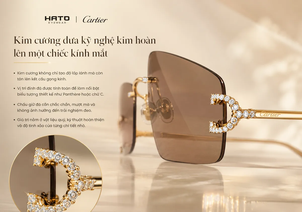 Kính Cartier đính kim cương với gọng vàng và chi tiết trang sức tinh xảo trên càng kính