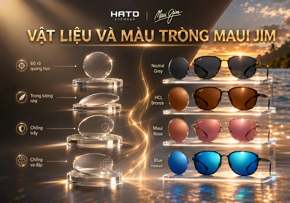 Infographic vật liệu và màu tròng kính Maui Jim gồm Neutral Grey, HCL Bronze, Maui Rose và Blue Hawaii tại Hato Eyewear.