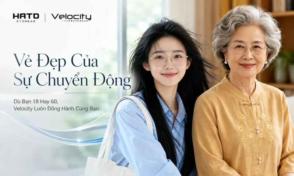 Hai người phụ nữ ở độ tuổi 18 và 60 đeo gọng kính Velocity, thể hiện phong cách kính mắt phù hợp với nhiều thế hệ tại Hato Eyewear.