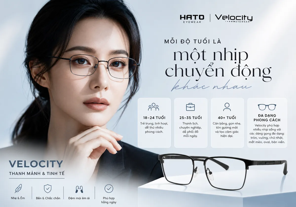 Người mẫu nữ đeo gọng kính Velocity thanh mảnh, minh họa cách lựa chọn kính phù hợp cho độ tuổi 18–24, 25–35 và trên 40 tuổi tại Hato Eyewear.