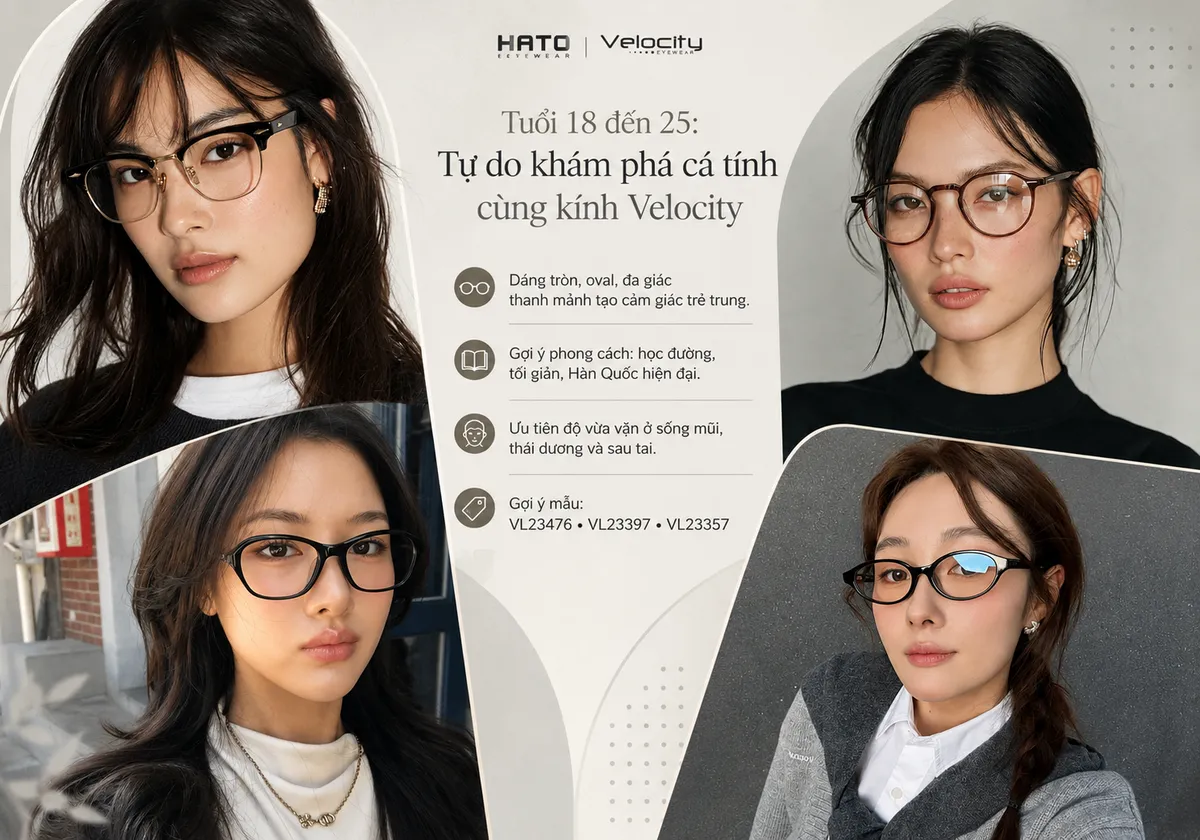 Tuổi 18 đến 25 tự do khám phá cá tính cùng các kiểu gọng kính Velocity trẻ trung và hiện đại.