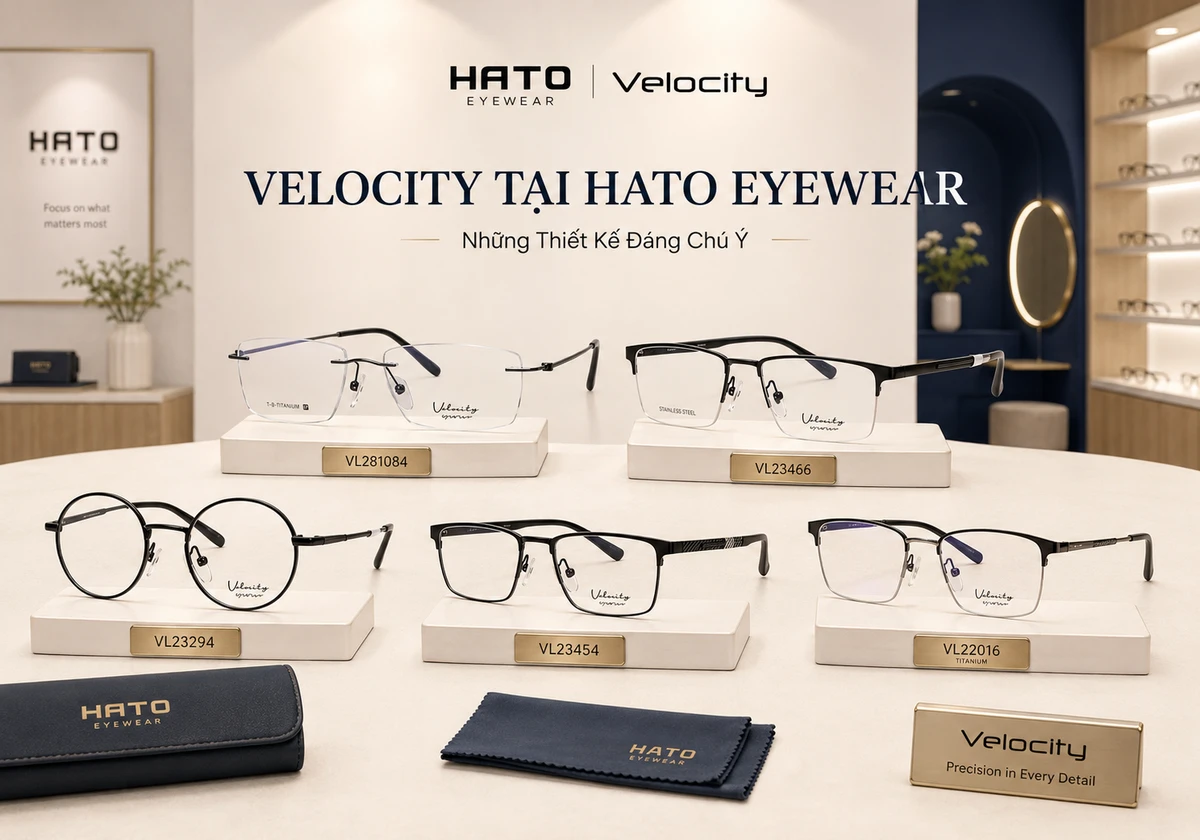 Bộ sưu tập gọng kính Velocity tại Hato Eyewear gồm VL281084, VL23466, VL23294, VL23454 và VL22016 được trưng bày trong showroom cao cấp.