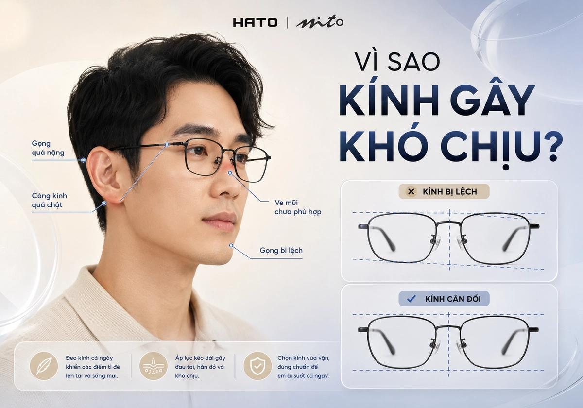 Vì sao đeo kính cả ngày dễ đau tai và hằn sống mũi do gọng nặng, càng kính chật, ve mũi chưa phù hợp hoặc gọng bị lệch.