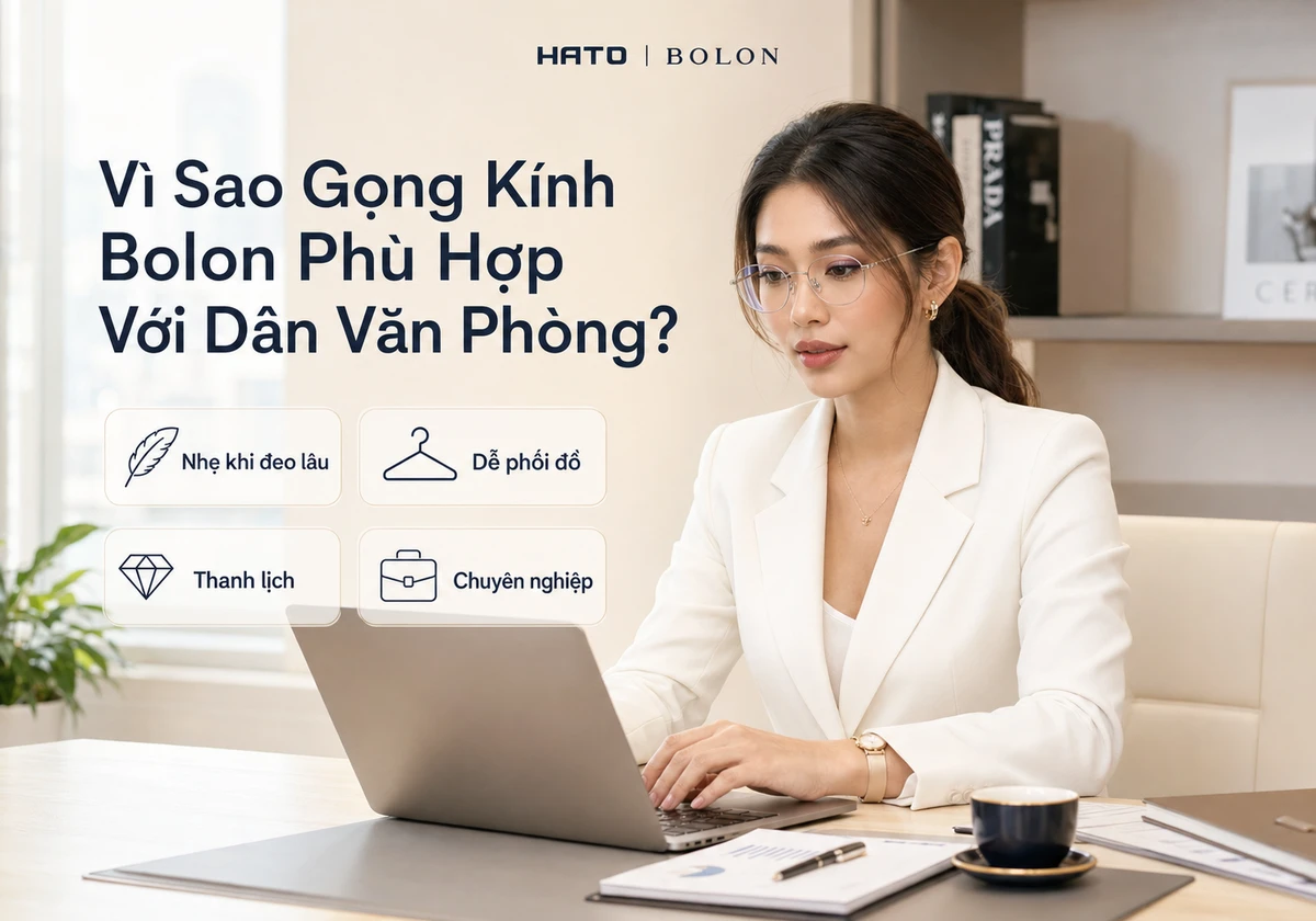 Hình ảnh lifestyle công sở với người mẫu đeo gọng kính Bolon thanh lịch, phù hợp dân văn phòng yêu thích phong cách nhẹ, sang và chuyên nghiệp.