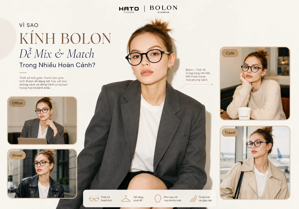 Khám phá lý do kính Bolon dễ mix & match trong nhiều hoàn cảnh với phong cách công sở, cafe, street và du lịch, vừa thanh lịch vừa hiện đại.