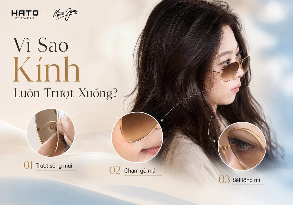 Người có sống mũi thấp đeo kính Maui Jim dáng aviator bị trượt xuống, đáy kính chạm gò má và tròng nằm sát lông mi.