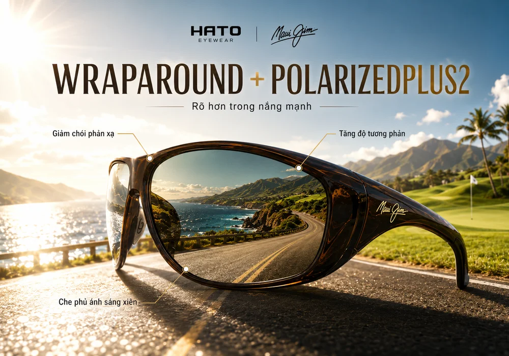 Kính wraparound Maui Jim kết hợp công nghệ PolarizedPlus2 giúp giảm chói phản xạ, tăng độ tương phản và che phủ ánh sáng xiên khi hoạt động ngoài trời.