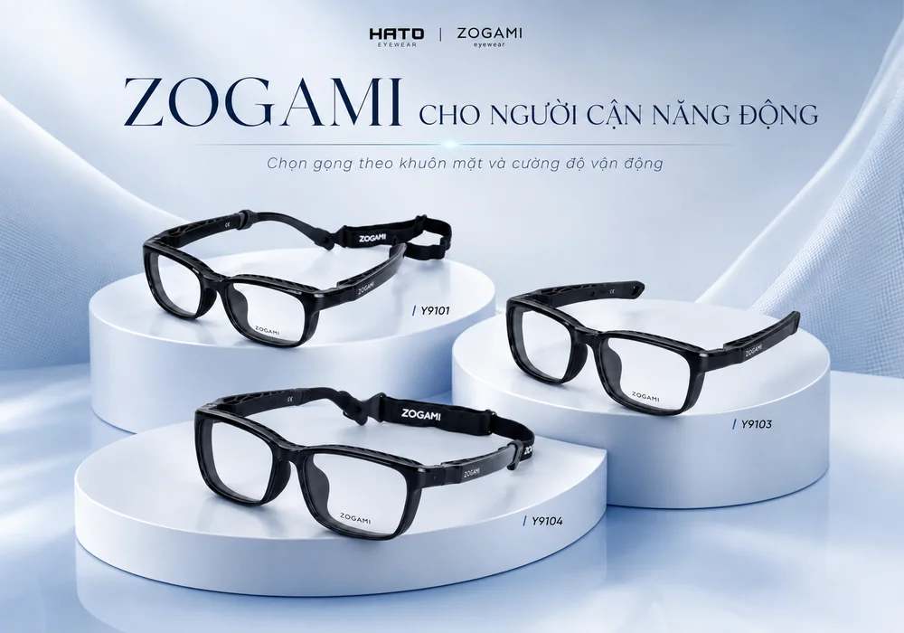 3 gọng kính Zogami Y9101, Y9103 và Y9104 dành cho người cận năng động, thiết kế thể thao ôm chắc và phù hợp nhiều hoạt động.