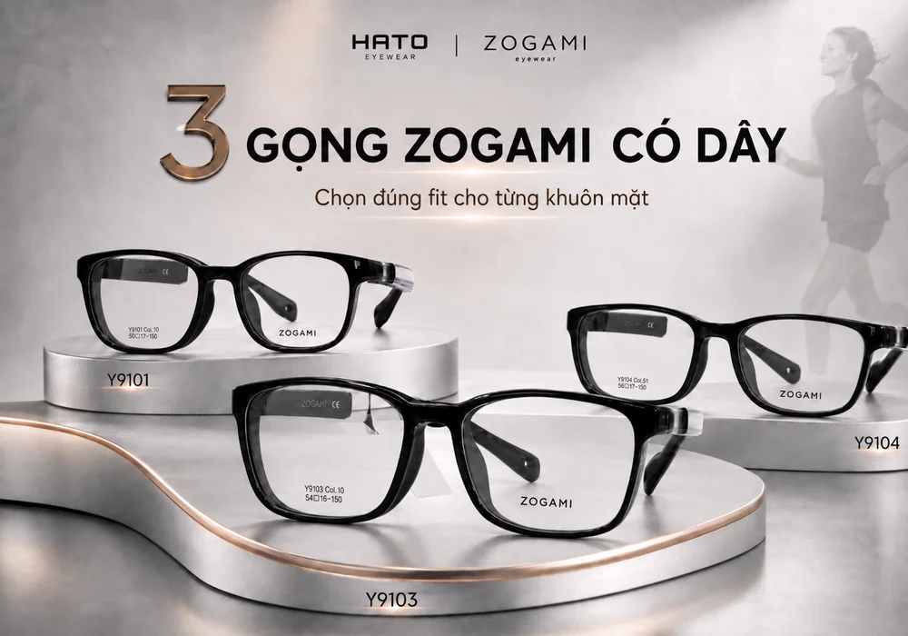 3 gọng kính Zogami có dây Y9101, Y9103 và Y9104 dành cho người cận năng động, thiết kế ôm mặt và phù hợp khi vận động.