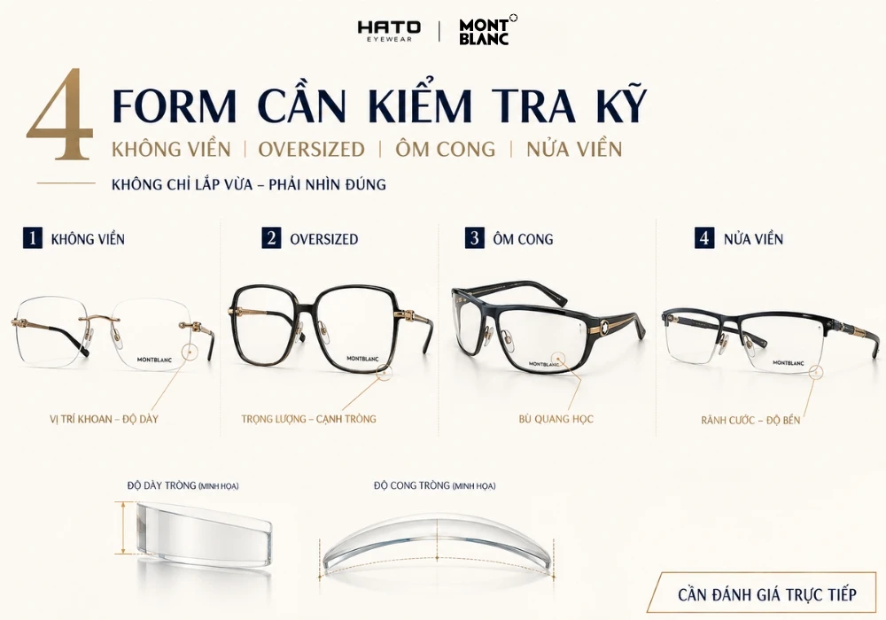 4 form kính Montblanc cần kiểm tra kỹ khi lắp tròng gồm kính không viền, oversized, ôm cong và nửa viền