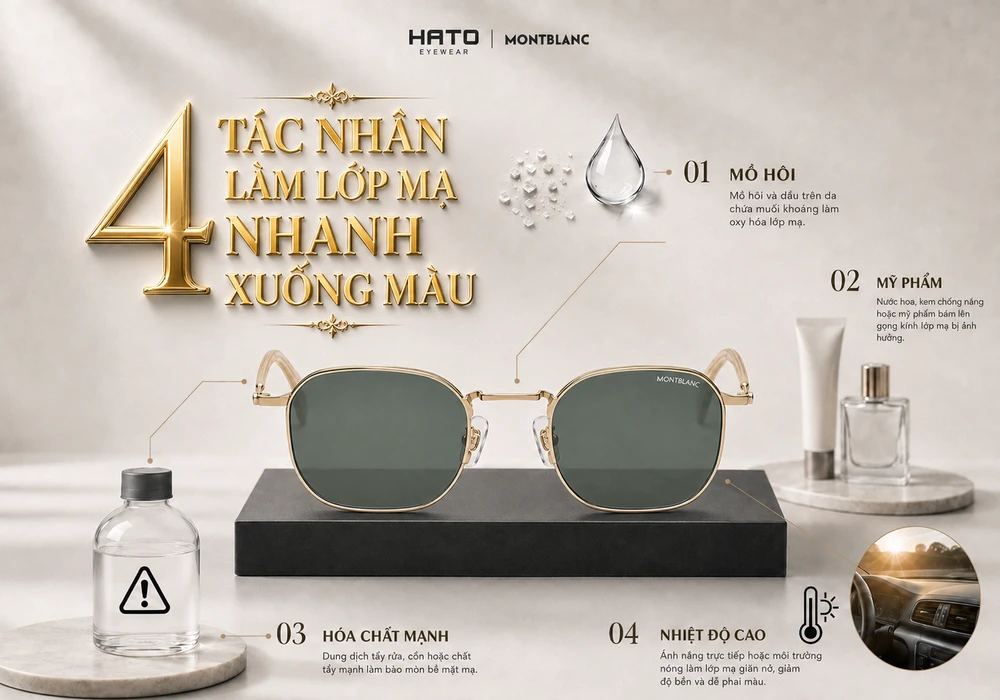 Infographic 4 tác nhân làm lớp mạ gọng kính Montblanc nhanh xuống màu gồm mồ hôi, mỹ phẩm, hóa chất mạnh và nhiệt độ cao.