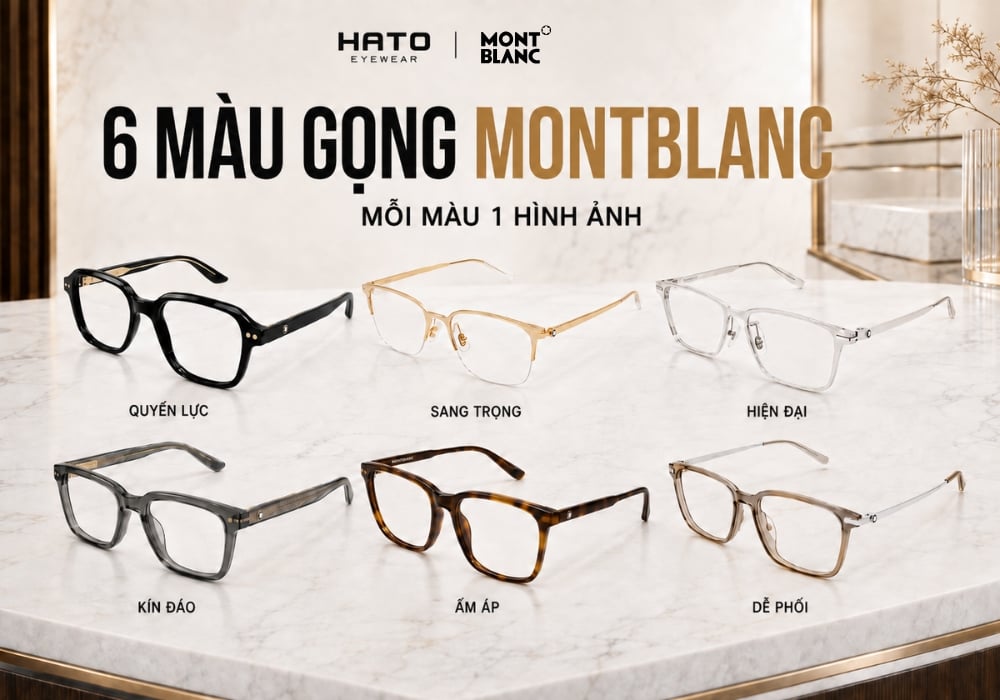 Infographic 6 màu gọng Montblanc gồm đen, vàng, bạc, gunmetal, havana và trung tính trong bố cục kính mắt cao cấp.
