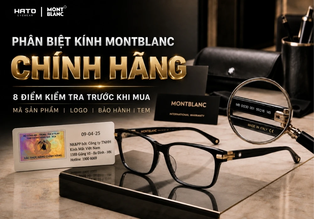 Phân biệt kính Montblanc chính hãng với 8 điểm kiểm tra gồm mã sản phẩm, logo, bảo hành và tem xác thực hàng chính hãng trước khi mua.