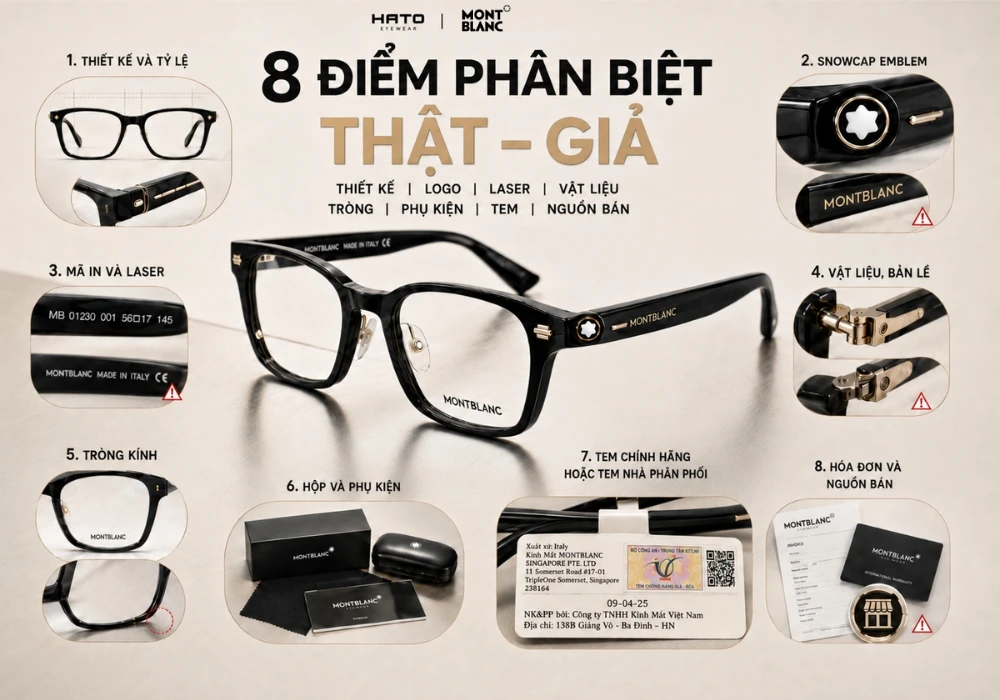 Infographic 8 điểm phân biệt kính Montblanc thật giả với tem chính hãng, thiết kế, logo, laser, vật liệu, tròng kính, phụ kiện và nguồn bán.