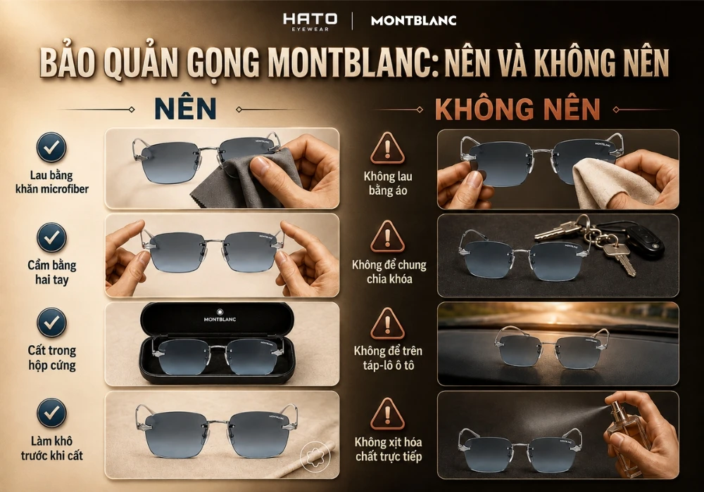 Infographic hướng dẫn 5 bước vệ sinh gọng kính Montblanc đúng cách gồm tháo kính, thổi bụi, xịt dung dịch lên khăn, lau sạch và để khô trước khi cất.