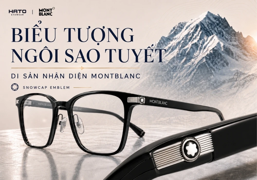 Biểu tượng ngôi sao tuyết Snowcap trên gọng kính Montblanc chính hãng với chi tiết kim loại cao cấp và hình ảnh núi Mont Blanc.