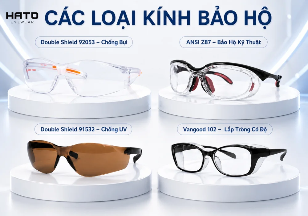 Các loại kính bảo hộ phổ biến gồm Double Shield 92053, ANSI Z87, Double Shield 91532 và Vangood 102 tại Hato Eyewear