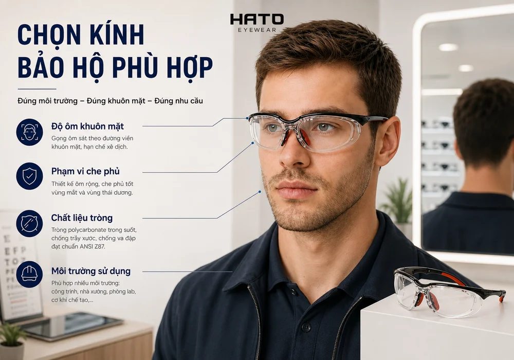 Cách chọn kính bảo hộ phù hợp theo độ ôm khuôn mặt, phạm vi che phủ, chất liệu tròng và môi trường sử dụng