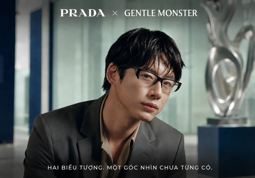 Cận cảnh Kentaro Sakaguchi đeo kính PRADA GENTLE MONSTER gọng đen và tròng trong.