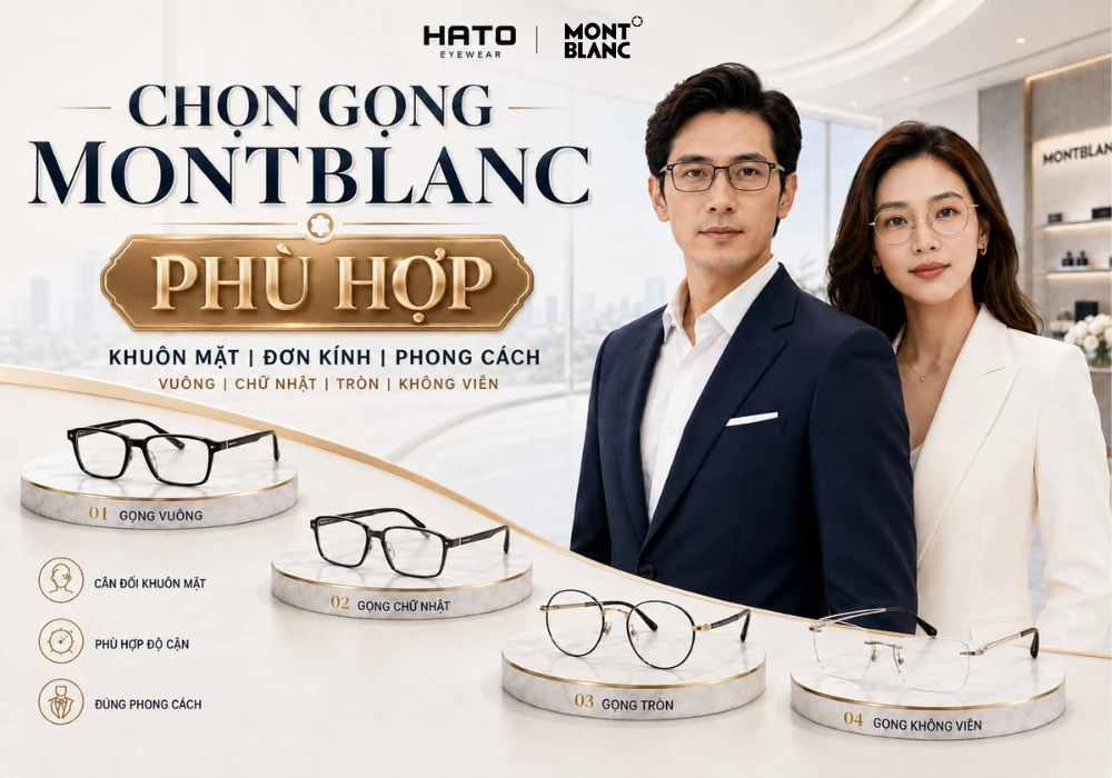 Hai người mẫu doanh nhân châu Á đeo kính Montblanc cùng bốn kiểu gọng vuông, chữ nhật, tròn và không viền.