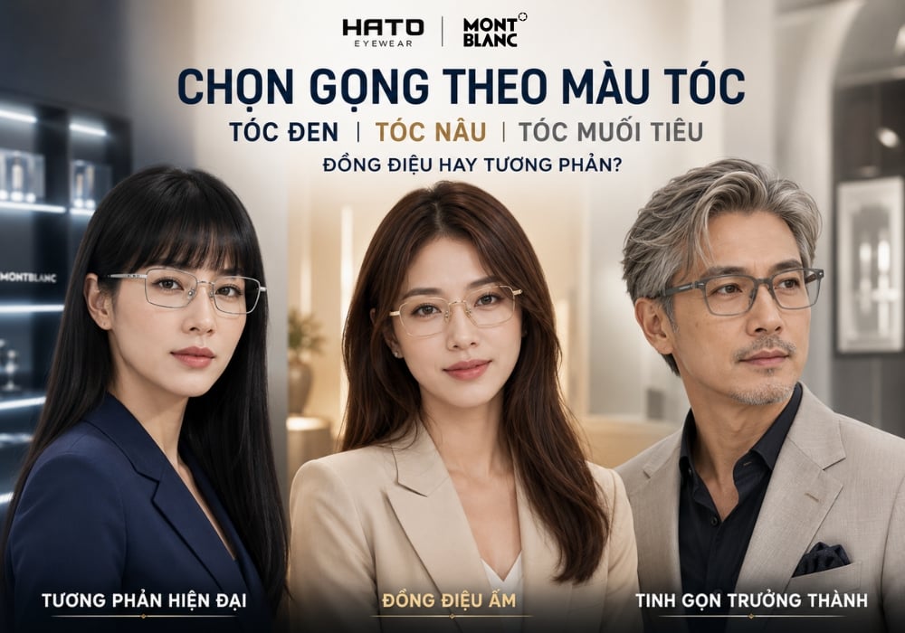 Infographic tư vấn chọn gọng kính Montblanc theo màu tóc đen, tóc nâu và tóc muối tiêu với phong cách hiện đại, ấm áp và trưởng thành.