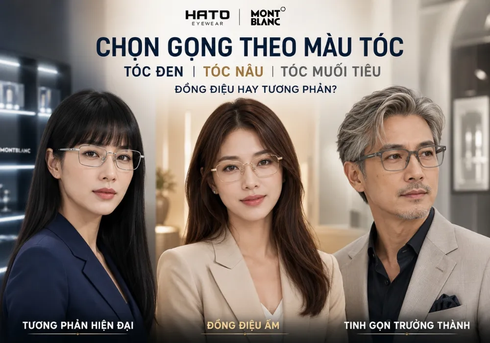 Infographic tư vấn chọn gọng kính Montblanc theo màu tóc đen, tóc nâu và tóc muối tiêu với phong cách hiện đại, ấm áp và trưởng thành.