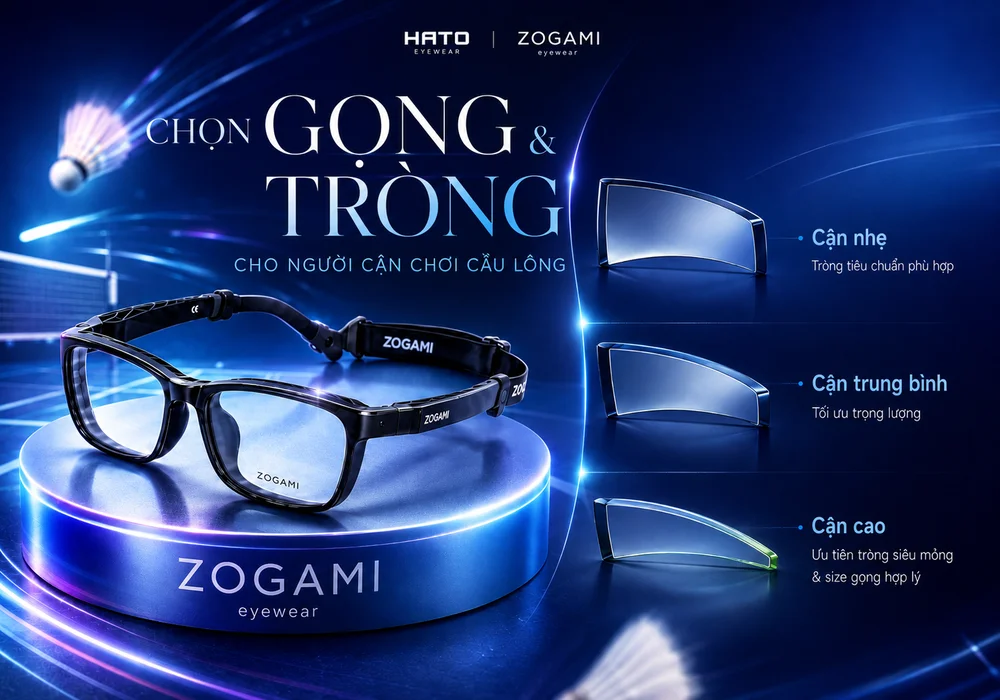 Gọng kính thể thao Zogami và các giải pháp tròng kính cho người cận nhẹ, cận trung bình và cận cao khi chơi cầu lông.